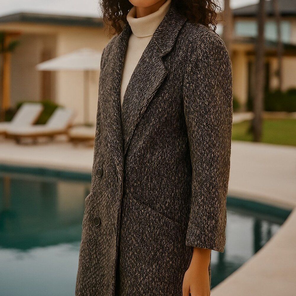 Vintage Karizma Tweed Coat Black Gray Wool Blend Double Breasted Size 12